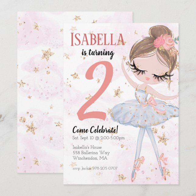 Brunette Ballerina Birthday Party Invitation (Front/Back)
