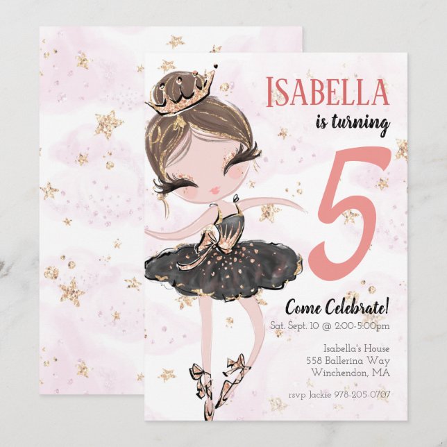 Brunette Ballerina Birthday Party Invitation (Front/Back)