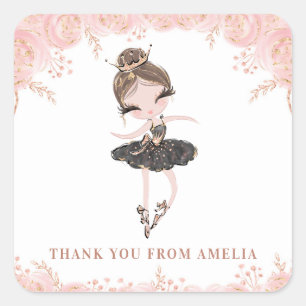 Brunette Ballerina in Black Dress Floral Birthday Square Sticker