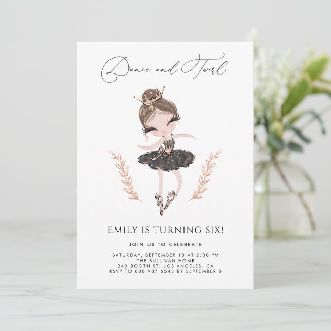 Brunette Ballerina in Black Dress Glitter Birthday Invitation (Standing Front)