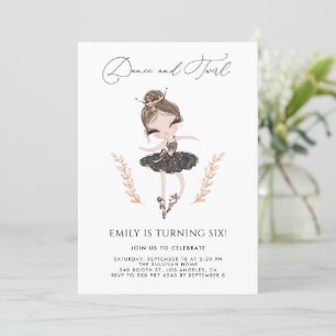 Brunette Ballerina in Black Dress Glitter Birthday Invitation