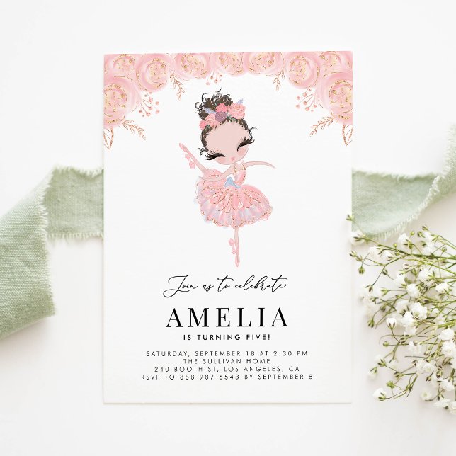 Brunette Ballerina in Pink Dress Floral Birthday Invitation (Creator Uploaded)