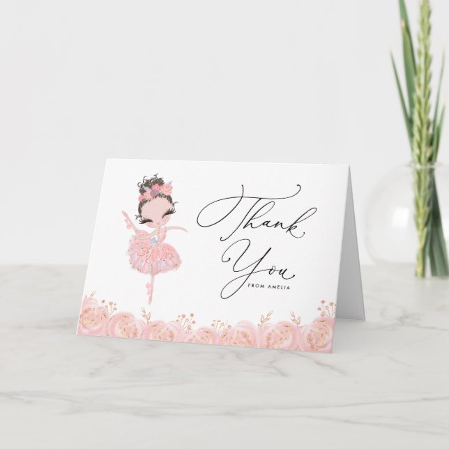 Brunette Ballerina in Pink Dress Floral Birthday Thank You Card (Front)