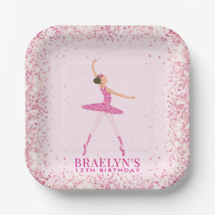 Brunette Ballerina in Pink Glitter Dress Birthday Paper Plate