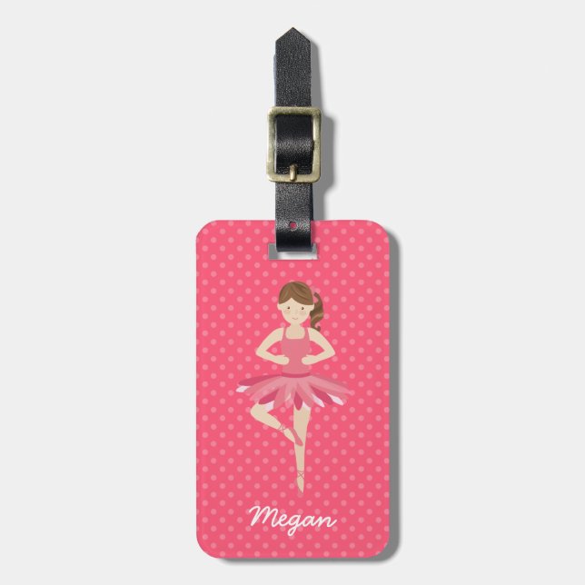 Brunette Ballerina on Pink Polka Dots Luggage Tag (Front Vertical)