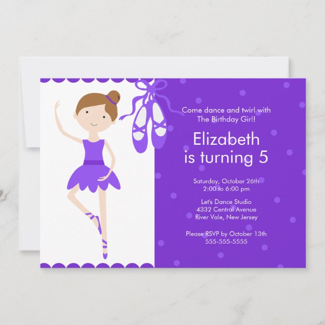 Brunette Ballet Dance Birthday Invitation Purple (Front)