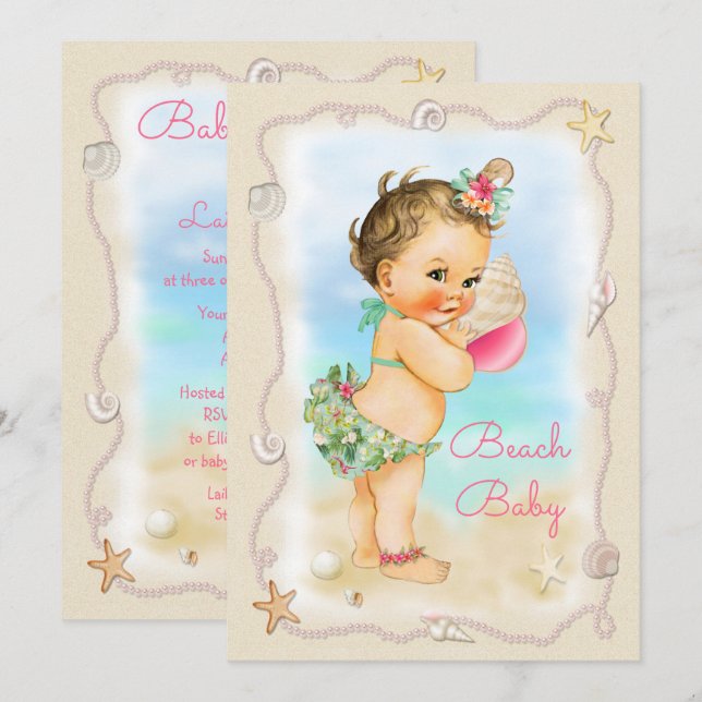 Brunette Beach Baby Conch Shell Baby Shower Invitation (Front/Back)