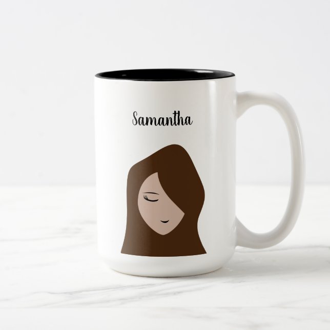Brunette Beauty: Customisable Girl Illustration Mu Two-Tone Coffee Mug (Right)