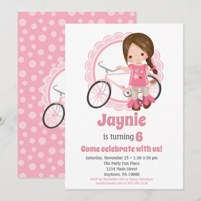 Brunette Bicycle Girl Birthday Invitation (Front/Back)