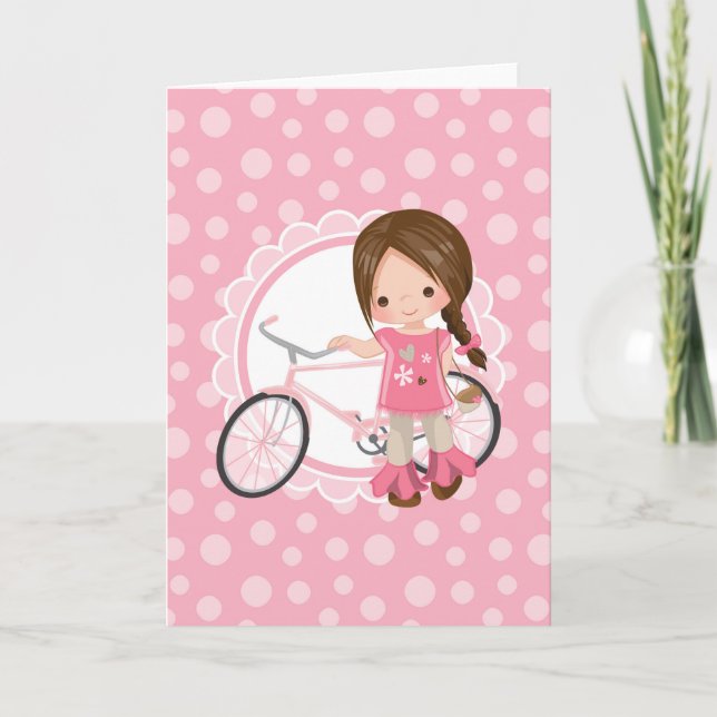 Brunette Bicycle Girl - Pink White Card (Front)