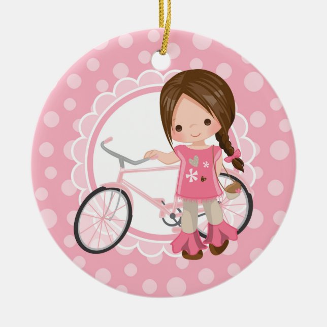 Brunette Bicycle Girl - Pink White Ceramic Tree Decoration (Front)