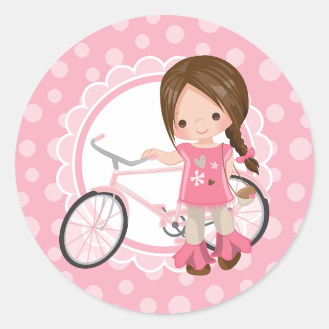Brunette Bicycle Girl - Pink White Classic Round Sticker (Front)