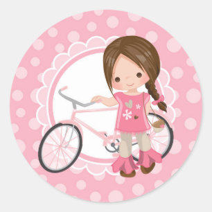 Brunette Bicycle Girl - Pink White Classic Round Sticker
