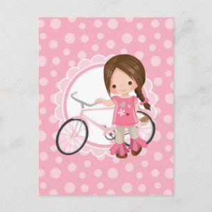 Brunette Bicycle Girl - Pink White Postcard