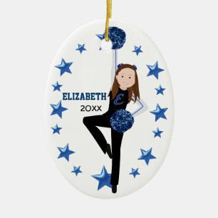 Brunette Black, Blue & White Pom Squad Ceramic Tree Decoration