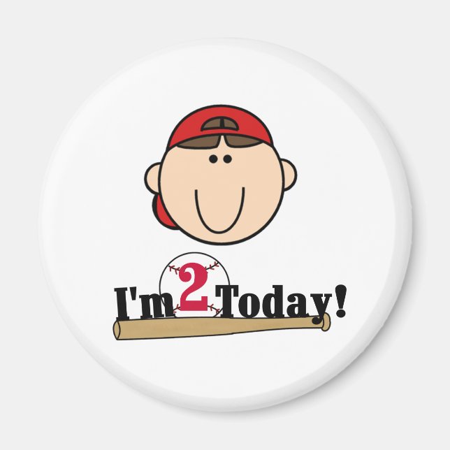 Brunette Boy Baseball 2nd Birthday Magnet (Front)
