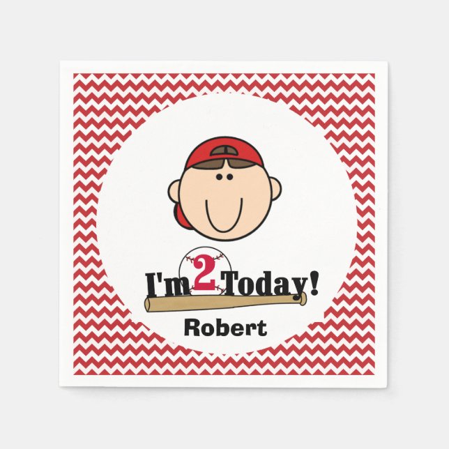 Brunette Boy Baseball 2nd Birthday Paper Napkins (Front)