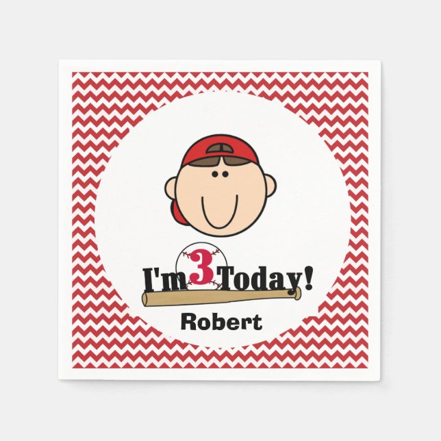Brunette Boy Baseball 3rd Birthday Paper Napkins (Front)