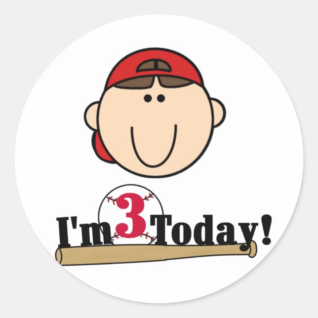 Brunette Boy Baseball 3rd Birthday Tshirts Classic Round Sticker (Front)