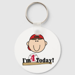 Brunette Boy Baseball 4th Birthday Key Ring
