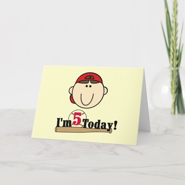 Brunette Boy Baseball 5th Birthday Card (Front)