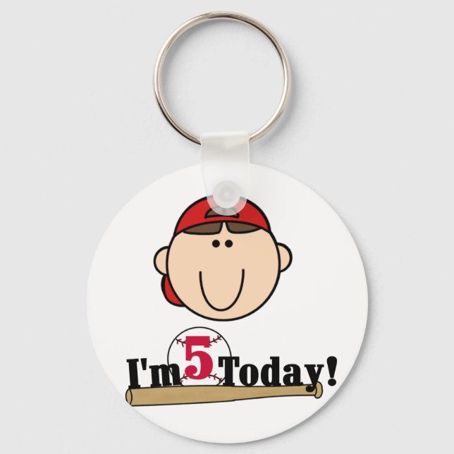 Brunette Boy Baseball 5th Birthday Key Ring (Front)