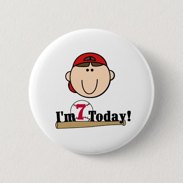 Brunette Boy Baseball 7th Birthday 6 Cm Round Badge (Front)