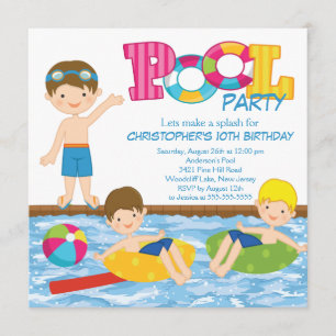 Brunette Boy Birthday Summer Pool Party Invitation