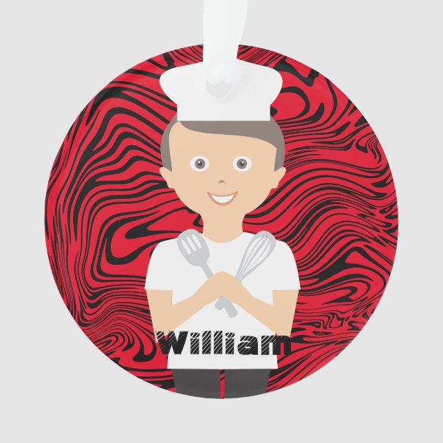 Brunette boy chef hat cooking baking personalised ornament (Front)