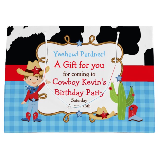 Brunette Boy Cowboy Western Birthday Thank You Large Gift Bag (Front)