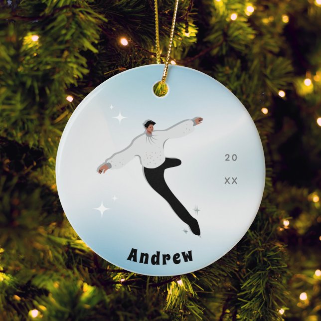 Brunette Boy Figure Ice Skating Kid Name & Year Ceramic Tree Decoration (Creator Uploaded)