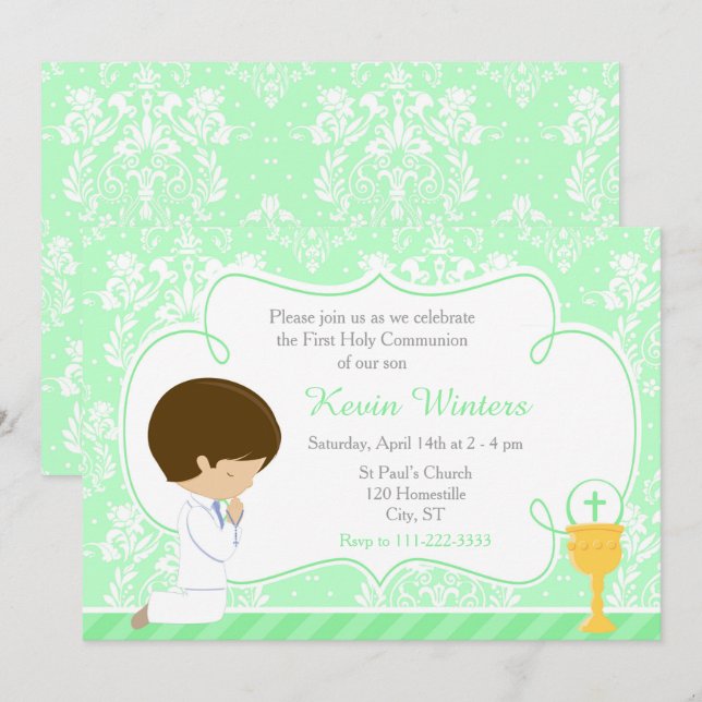 Brunette Boy First Communion Damask Invitation (Front/Back)