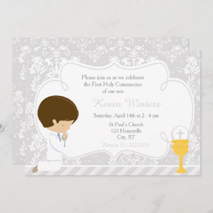 Brunette Boy First Communion Damask Invitation