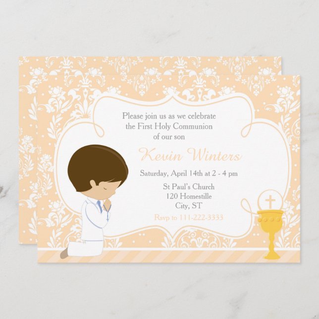 Brunette Boy First Communion Damask Invitation (Front/Back)