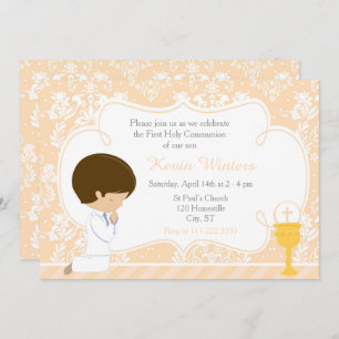 Brunette Boy First Communion Damask Invitation
