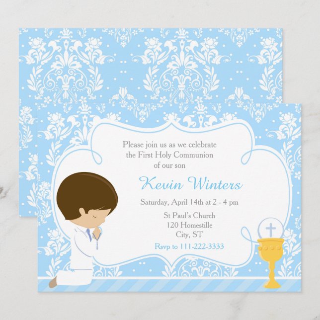 Brunette Boy First Communion Damask Invitation (Front/Back)