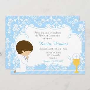 Brunette Boy First Communion Damask Invitation