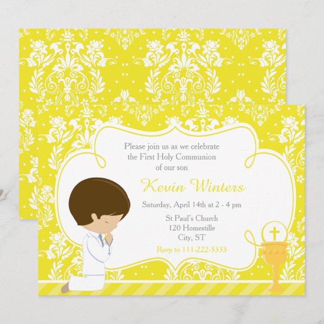 Brunette Boy First Communion Damask Invitation (Front/Back)