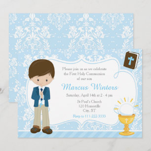Brunette Boy First Communion Damask Invitation