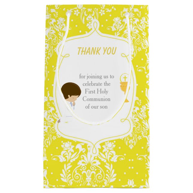 Brunette Boy First Communion Damask Small Gift Bag (Front)