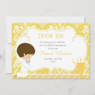 Brunette boy First Communion Damask Thank You Card