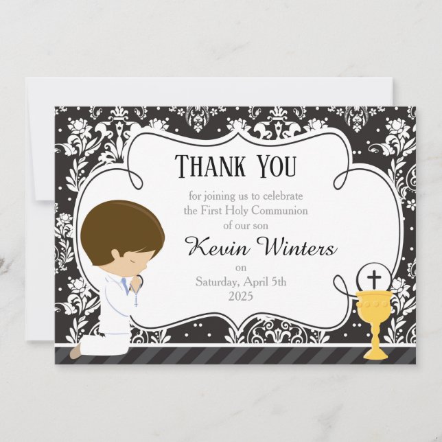 Brunette Boy First Communion Damask Thank You Card (Front)