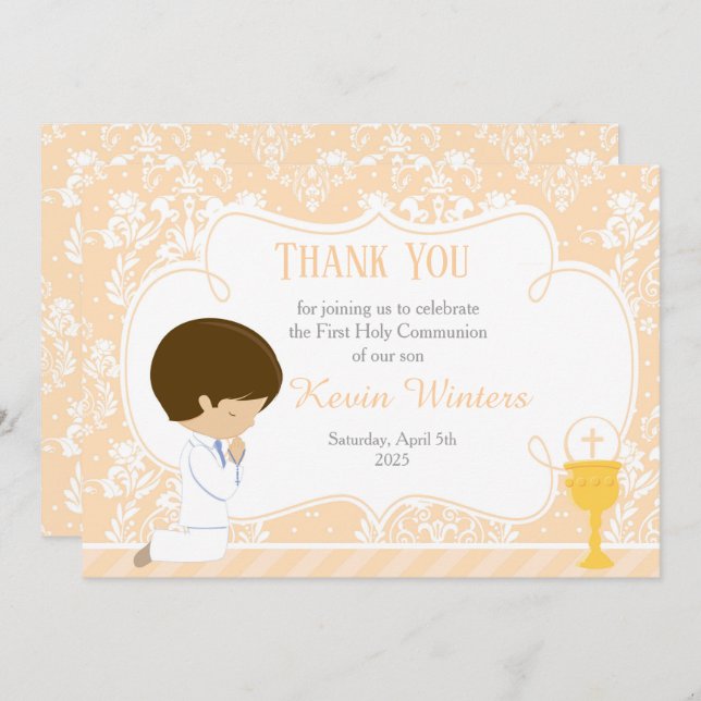 Brunette boy First Communion Damask Thank You Card (Front/Back)