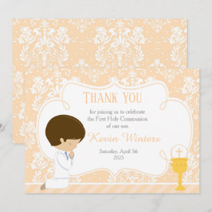 Brunette boy First Communion Damask Thank You Card