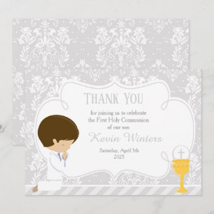 Brunette boy First Communion Damask Thank You Card