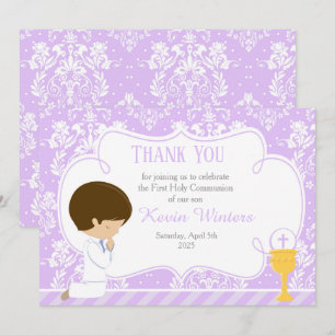 Brunette boy First Communion Damask Thank You Card