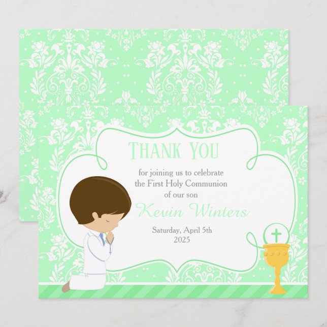 Brunette boy First Communion Damask Thank You Card (Front/Back)
