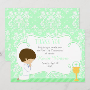 Brunette boy First Communion Damask Thank You Card