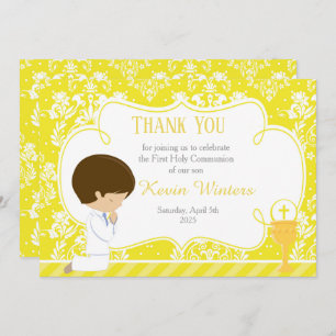 Brunette boy First Communion Damask Thank You Card