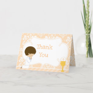 Brunette Boy First Communion Damask 'Thank You' Thank You Card